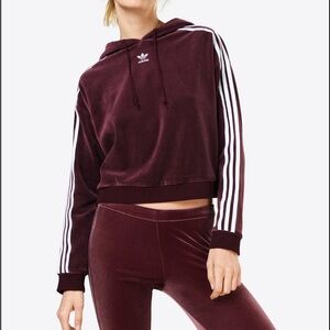 Adidas Burgundy Velour Velvet Cropped Hoodie XS 3 Stripe Athleisure
